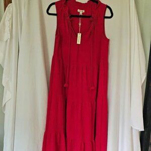 Max Studio Women's Red Dress Sleeveless Tiered Casual Summer Tassels Boho Small